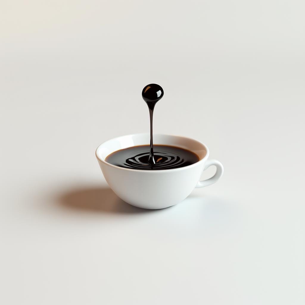 3D printed floating coffee drop sculpture in a white cup creating an optical illusion of coffee splash