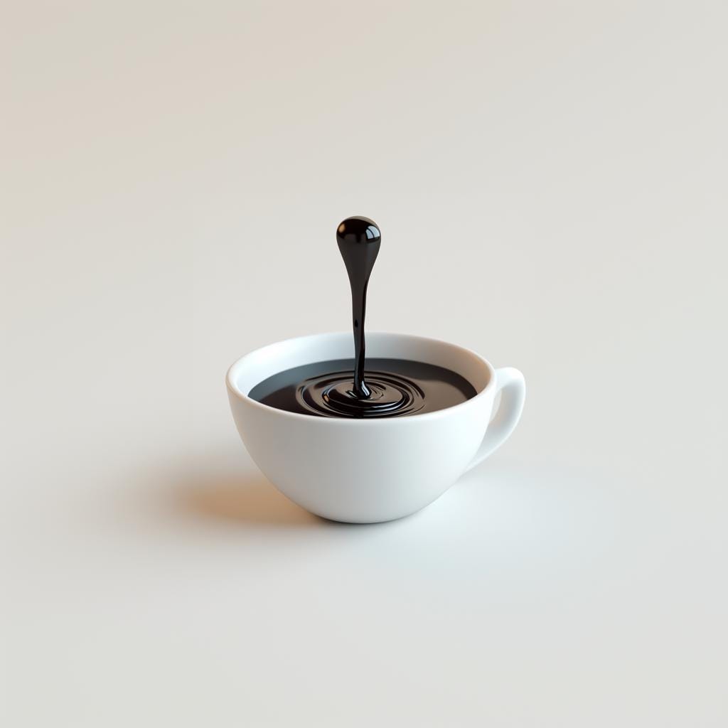 3D printed coffee drop illusion sculpture in a white cup, creating a minimalist optical effect for modern decor.