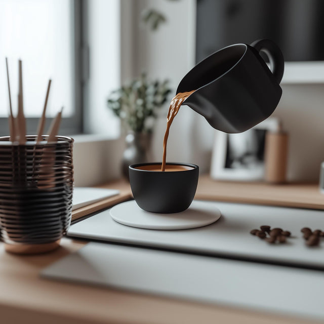 Black 3D printed coffee pour sculpture creating an optical illusion above a coffee cup on a modern kitchen table.