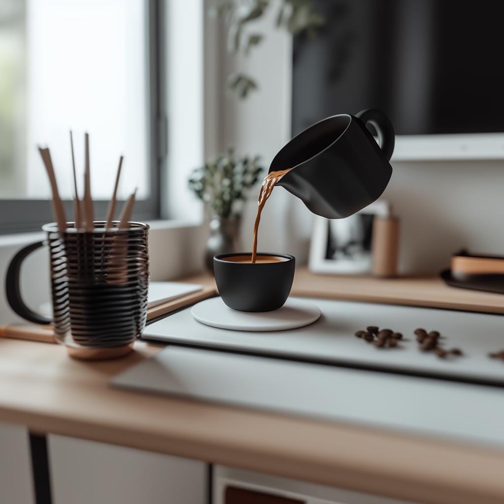 3D printed floating coffee pour sculpture in a modern kitchen setting with coffee cups and beans.