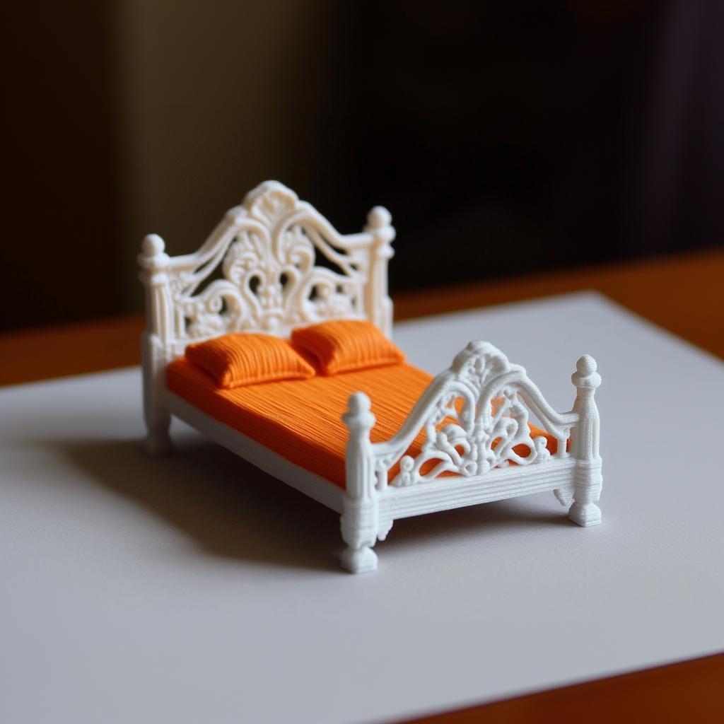 Miniature 1:12 scale French-style double bed with intricate white detailing and orange bedding.