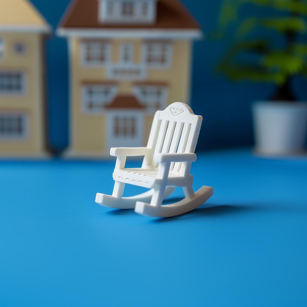 Miniature white rocking chair for dollhouse, 3D printed, 1:12 scale furniture, wooden slat design, collectible decor.