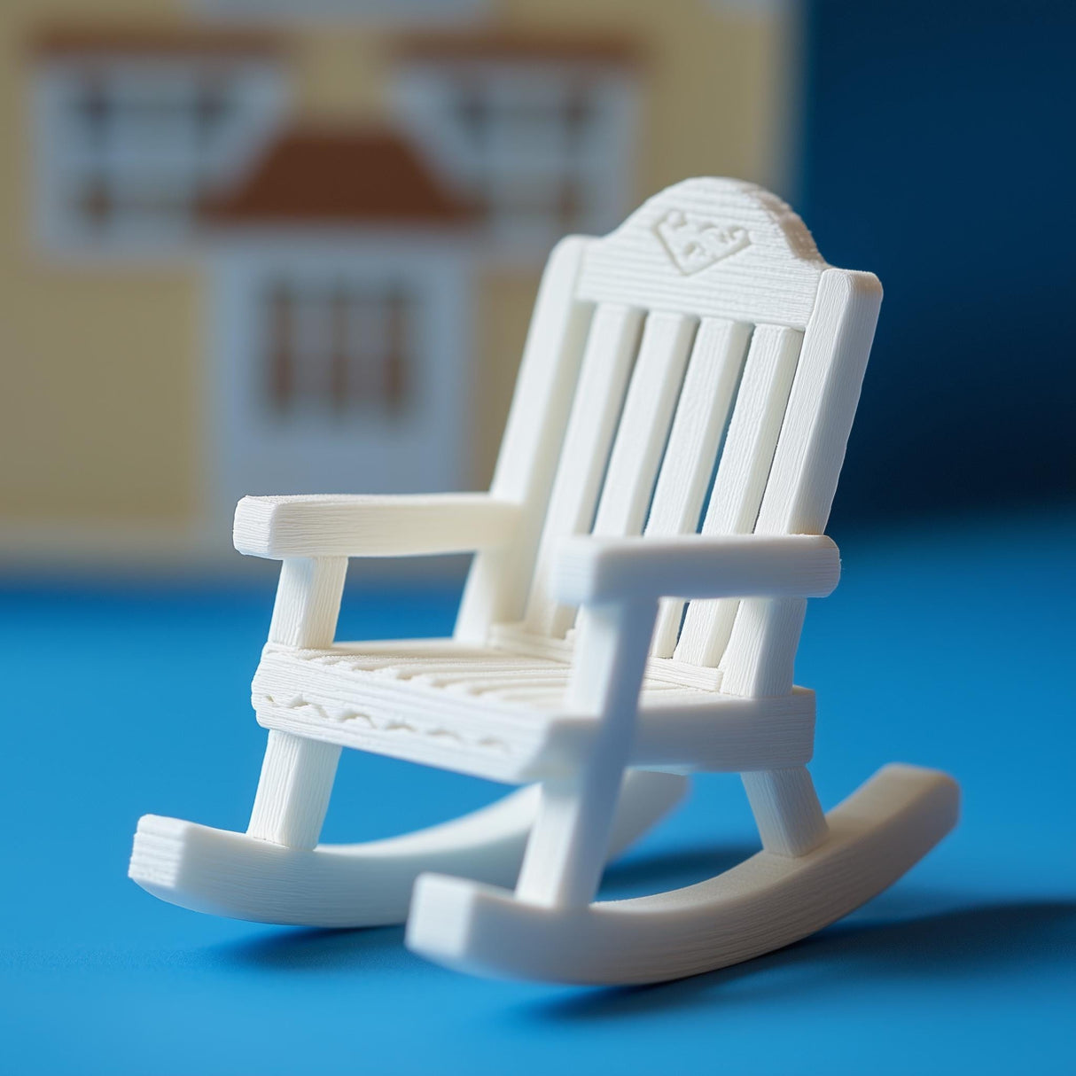 Miniature rocking chair in white, 3D printed, wooden slat design for dollhouse furniture, 1:12 scale.