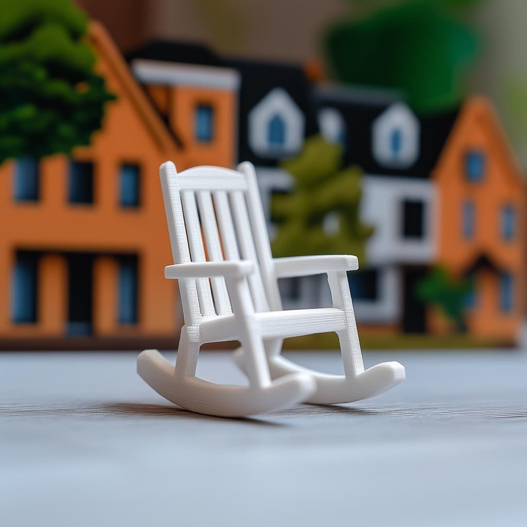 Miniature white rocking chair in front of colorful dollhouse, perfect for 1:12 scale dollhouse decor.