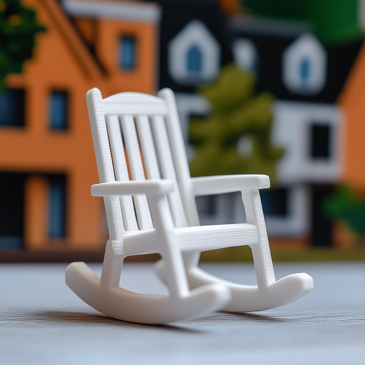 Miniature white rocking chair 3D printed dollhouse furniture in rustic setting