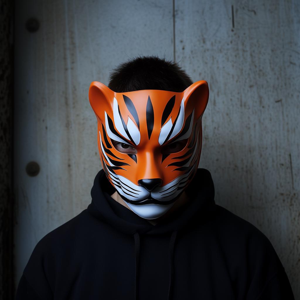 3D-printed tiger mask with realistic stripes, worn by a person in a black hoodie, perfect for cosplay or Halloween.