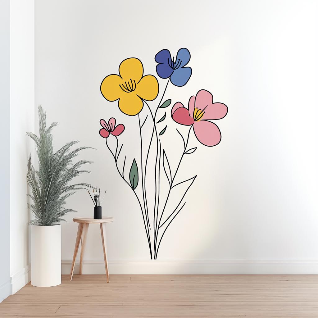 Minimalist floral wall decal featuring colorful line-art flowers in a modern room decor setting.