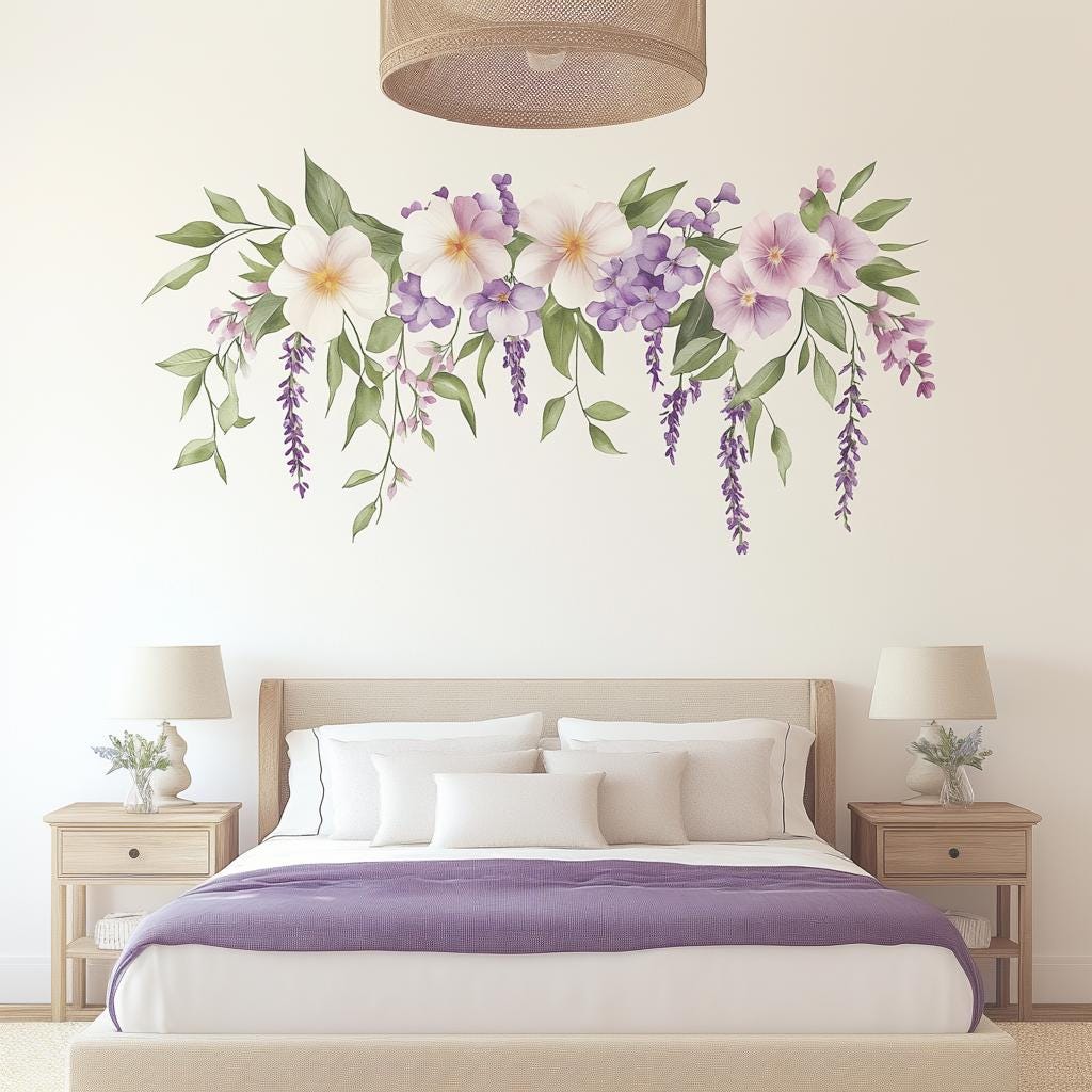 Floral wall decal featuring pastel blooms and greenery above a cozy bed in a boho bedroom.