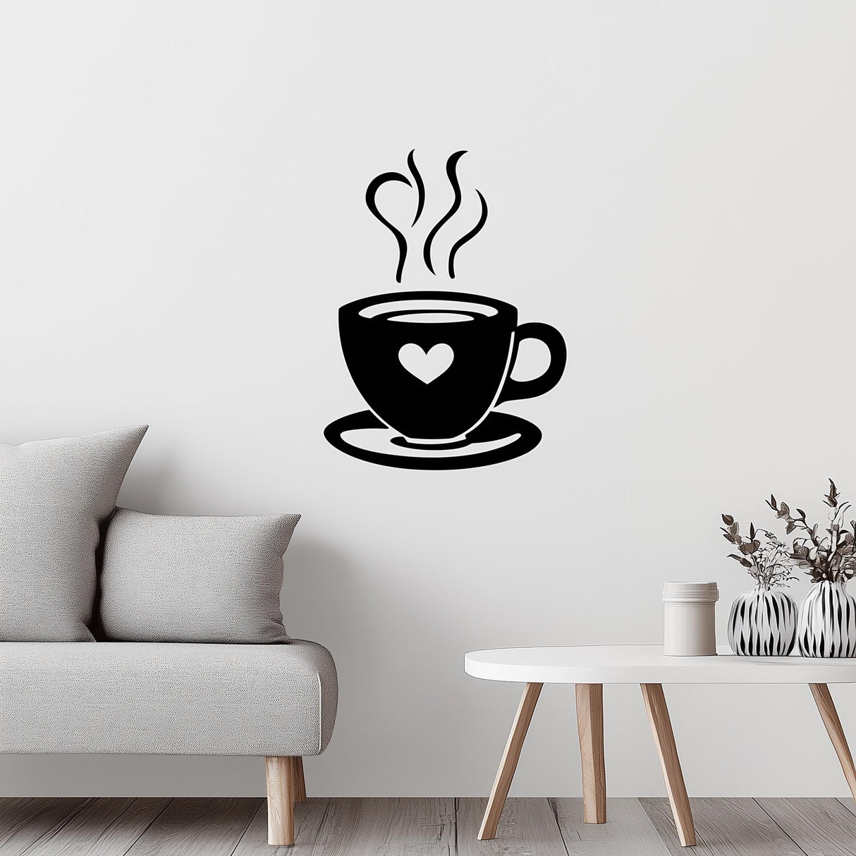Minimalist coffee cup wall decal with steam and heart detail, perfect for cozy home decor.