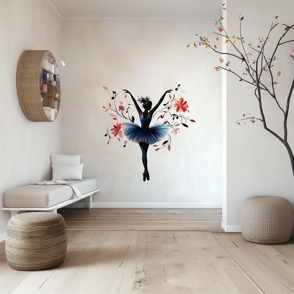 Elegant ballerina wall decal with floral accents in a beautiful girls' bedroom.