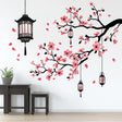 Cherry blossom wall decal with lanterns, pink petals, and elegant design for Japanese-inspired home decor.