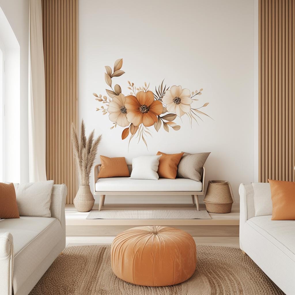 Boho floral wall decal in warm tones above a cozy sofa in a stylish living room with neutral decor