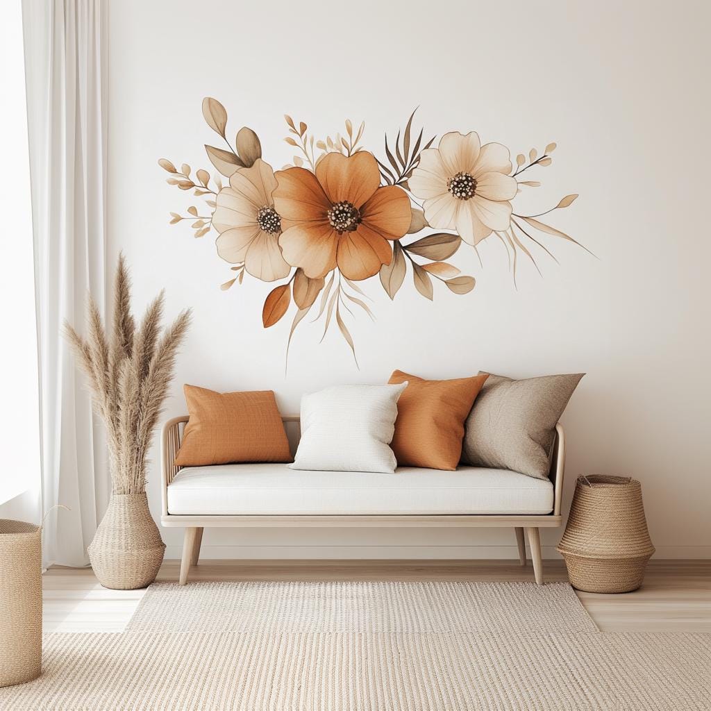 Boho floral wall decal in warm tones above a stylish sofa, enhancing aesthetic living room decor.