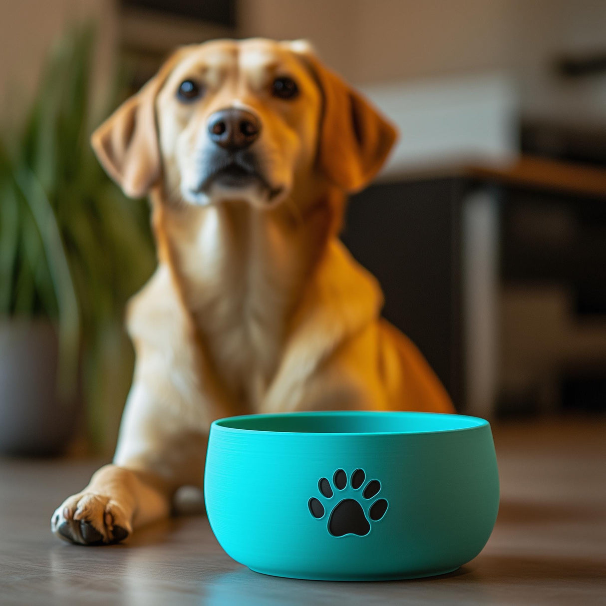 Modern 3D-printed dog bowl in teal with paw print design, stylish and functional pet dish for food and water.