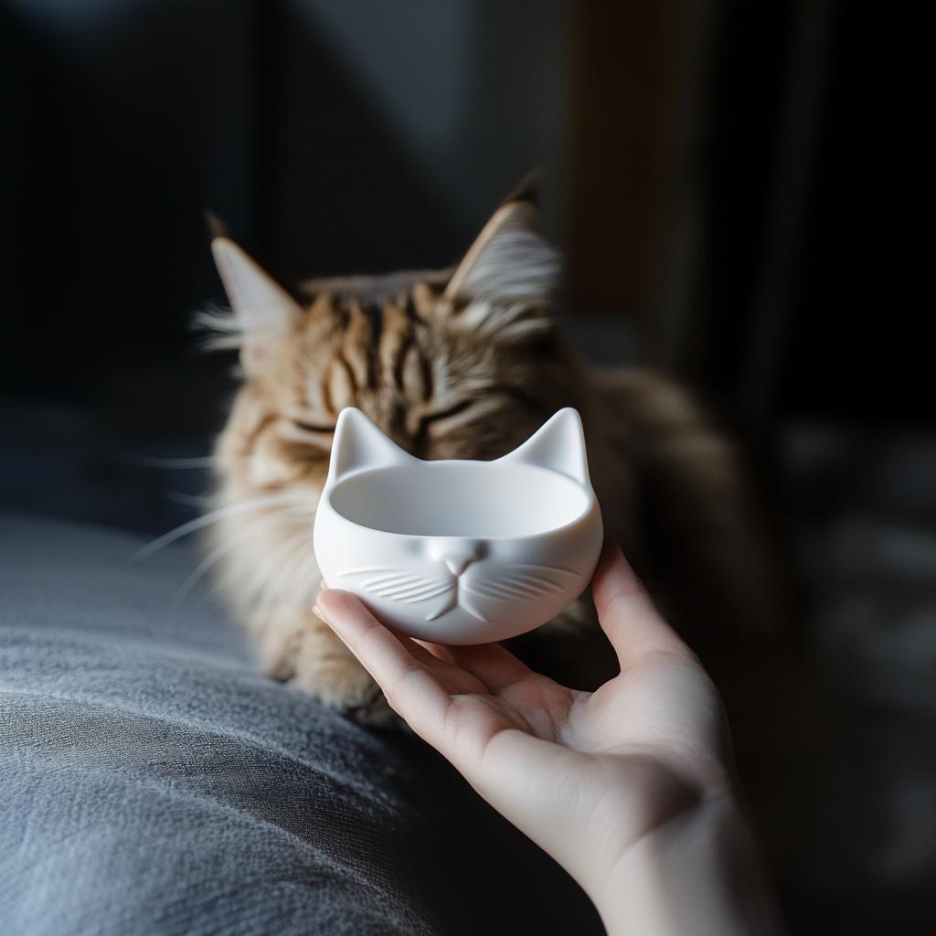 Person holding a cute 3D-printed cat bowl with minimalist design, alongside a cat in soft lighting.
