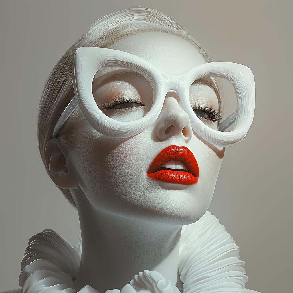 Model showcasing oversized 3D printed cat eye glasses with bold red lips and avant-garde styling.
