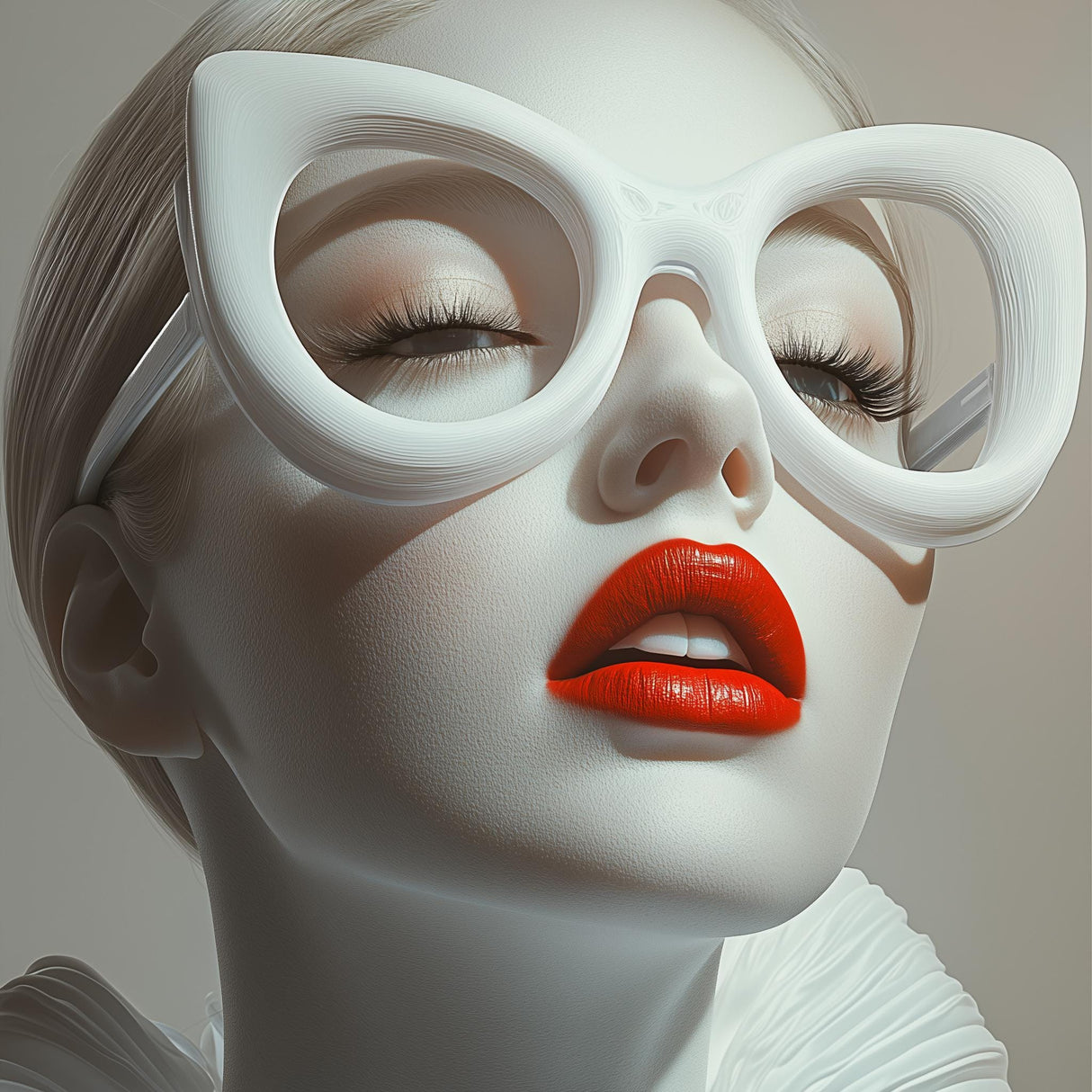 Model showcasing 3D printed oversized cat eye glasses with bold red lipstick and avant-garde style.