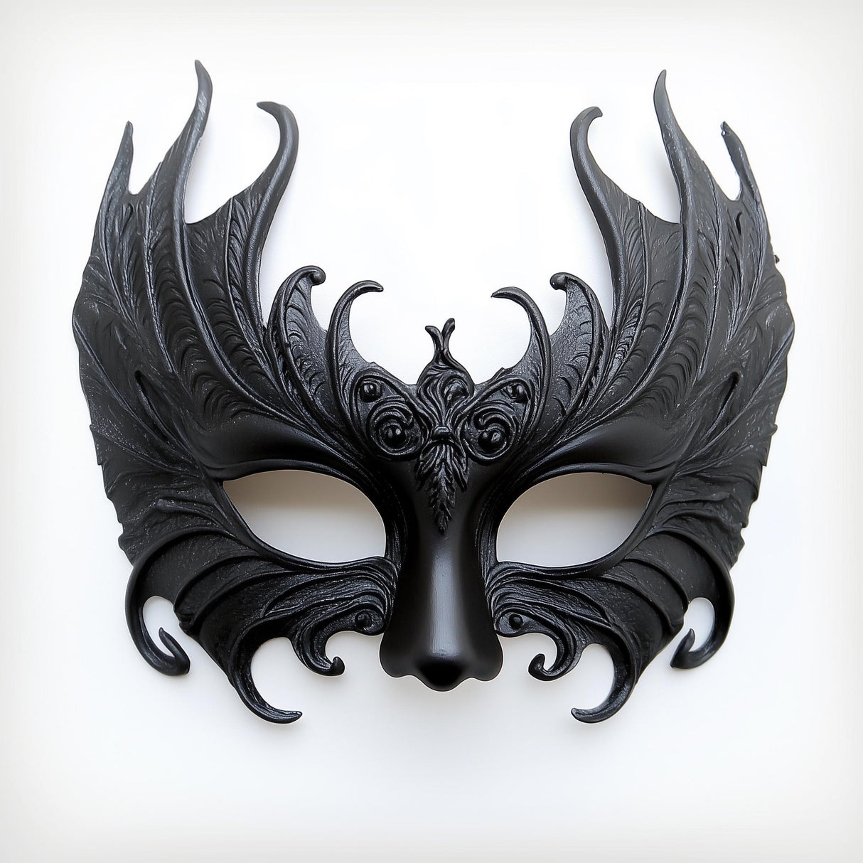 Elegant black 3D-printed gothic masquerade mask with ornate filigree details, perfect for dark fantasy costumes.