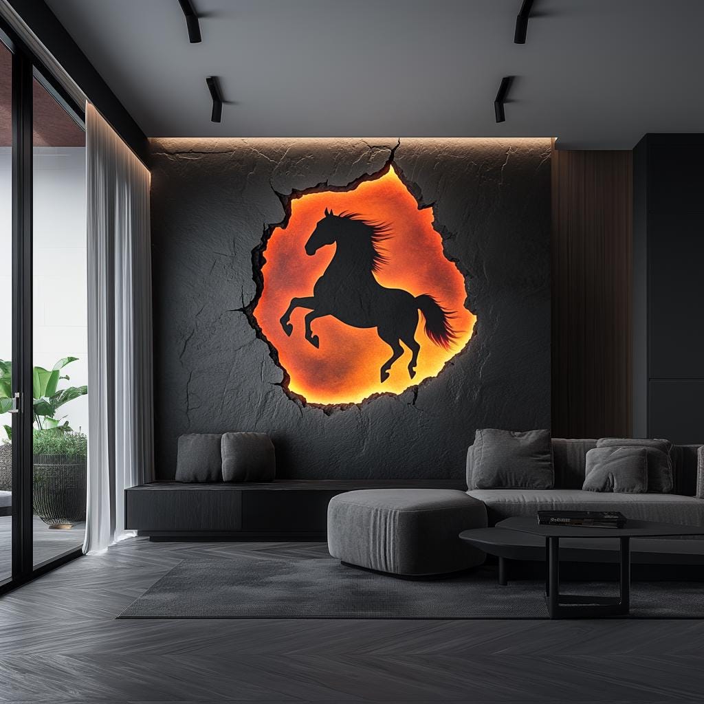 3D horse wall decal in a modern living room with fiery cracked rock mural, creating a bold statement art piece.