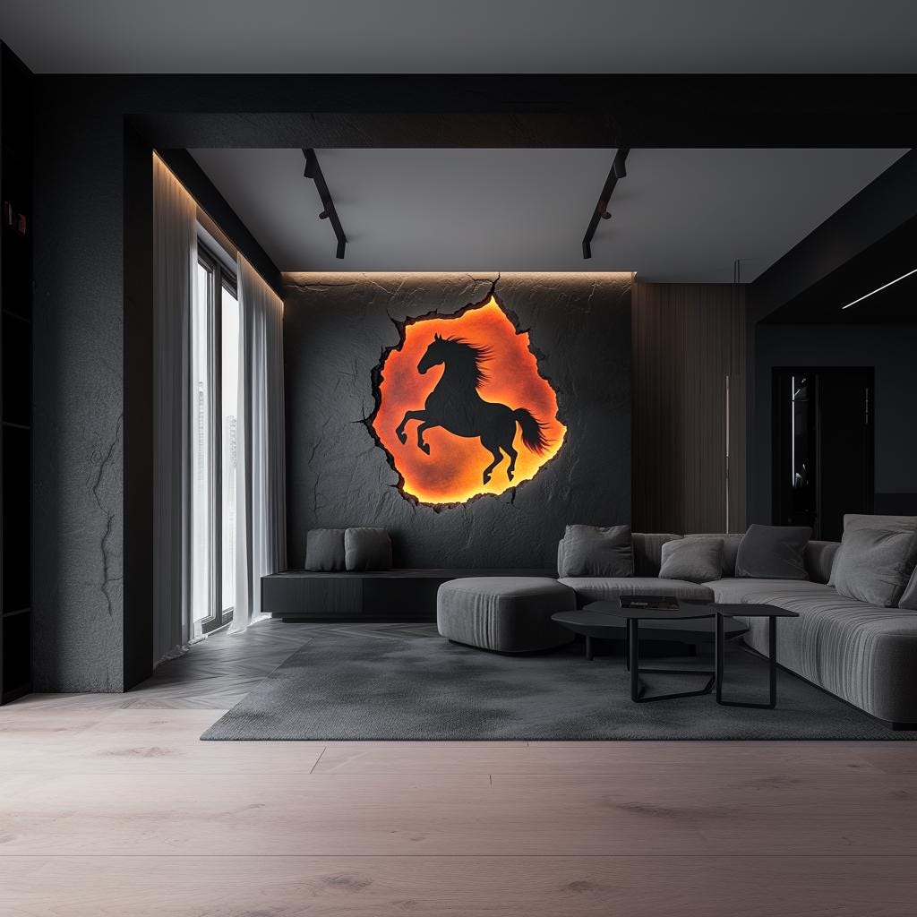 3D Horse Wall Decal | Fiery Cracked Rock Mural | Equestrian Vinyl Sticker | Bold Statement Wall Art | Modern Living Room Decor Peel & Stick