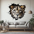 3D lion wall decal with cracked wall effect, perfect for safari-themed living room decor.