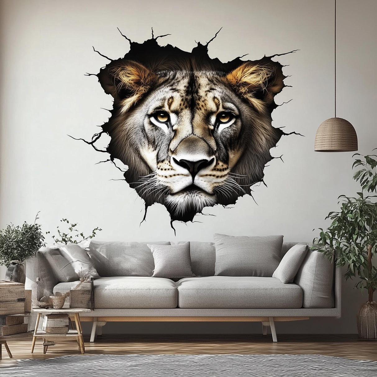 3D lion wall decal with cracked wall effect, perfect for safari-themed living room decor.