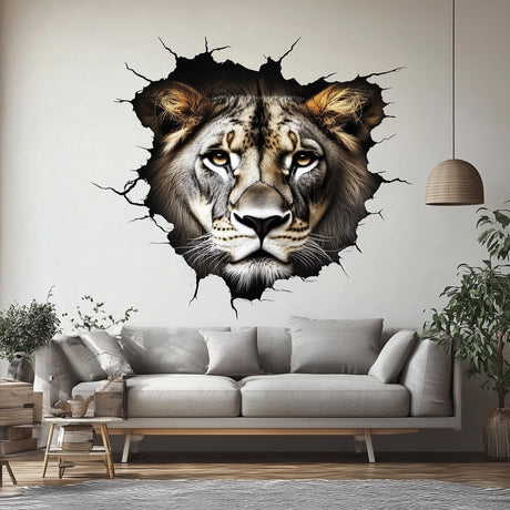 3D lion wall decal with cracked wall effect, perfect for safari-themed living room decor.