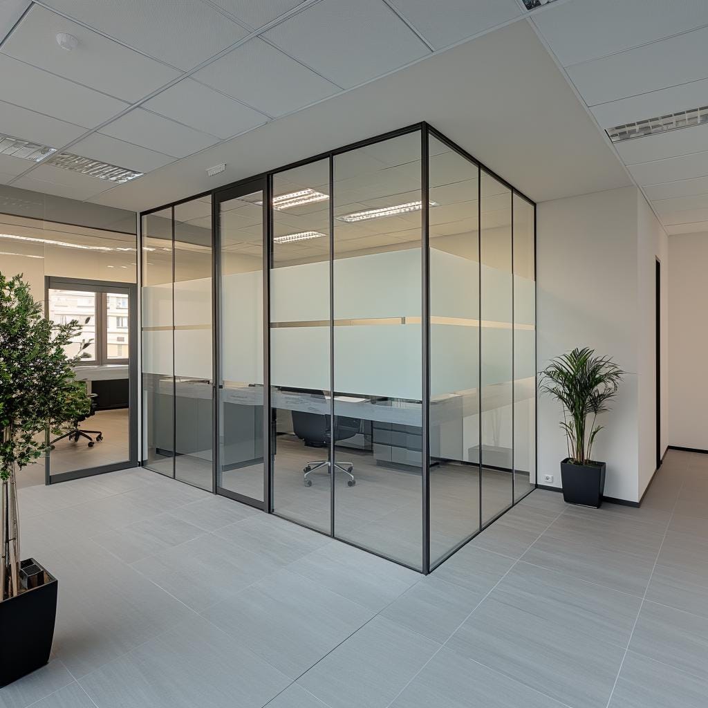Modern office space with frosted glass partitions enhancing privacy and light usability.