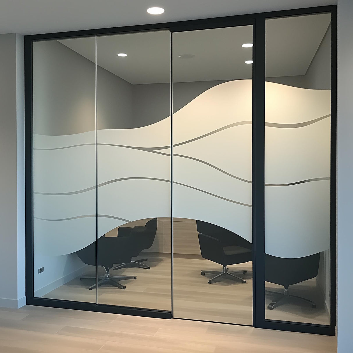 Frosted glass privacy sticker with wave design on office partitions, enhancing aesthetics while maintaining privacy.
