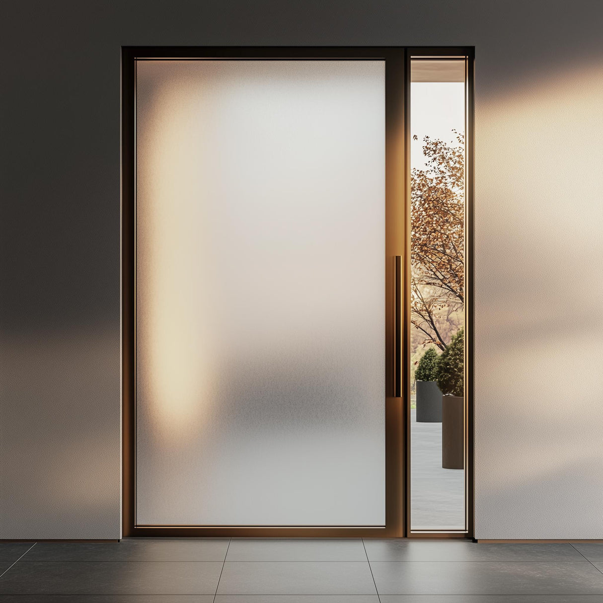 Full frosted glass privacy sticker on modern door, allowing light while providing privacy in a sleek design.