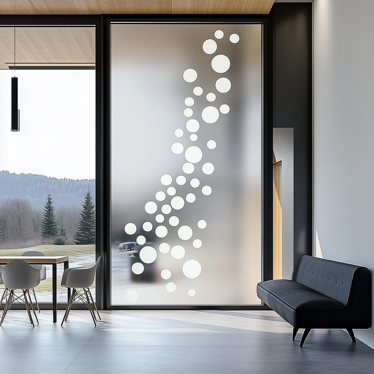 Modern bubble frosted glass privacy sticker with white circles applied on a large window in a contemporary interior.