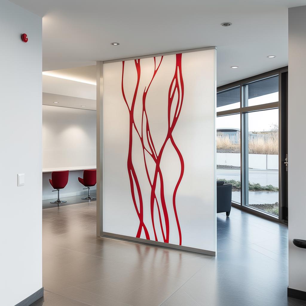 Abstract line frosted glass sticker with red design in modern office setting, enhancing privacy and aesthetics.