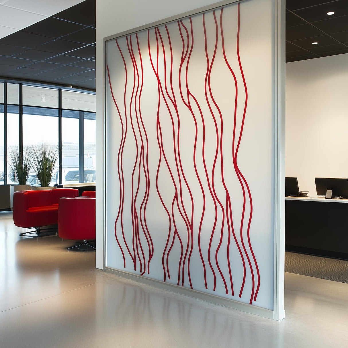 Wavy line frosted glass sticker design on a modern office divider, providing stylish privacy and natural light.