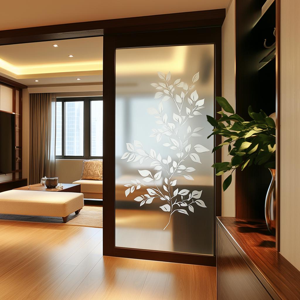 Frosted glass sticker featuring elegant etched leaf design in modern interior setting.