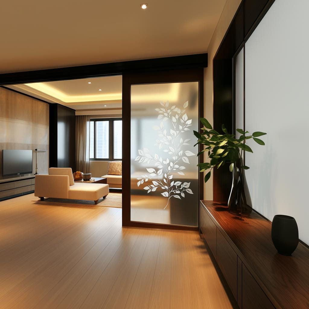 Elegant frosted glass sticker with leaf design on a glass partition in a modern living room decor.