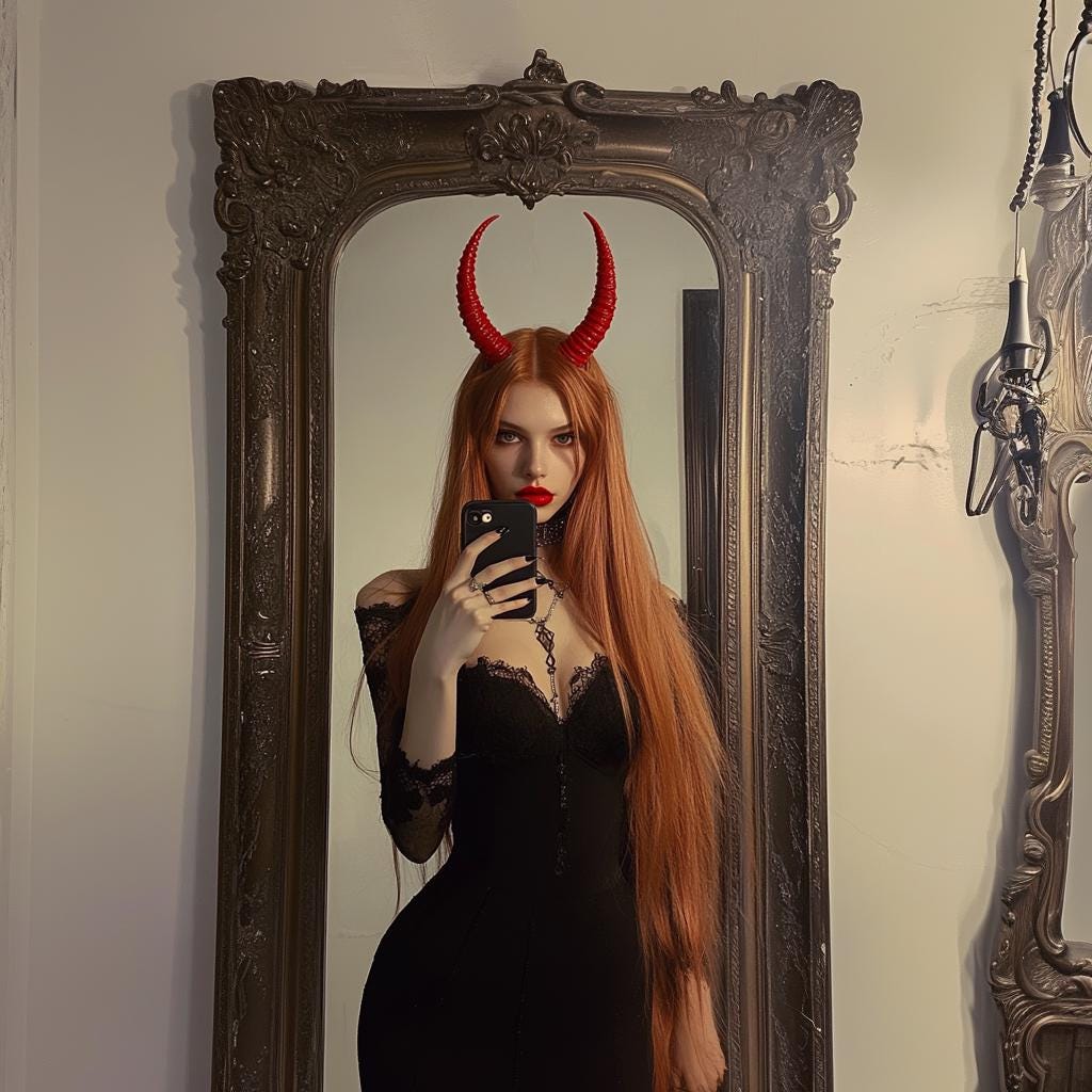Model wearing red 3D printed demon horns in gothic outfit, posing in front of a mirror.