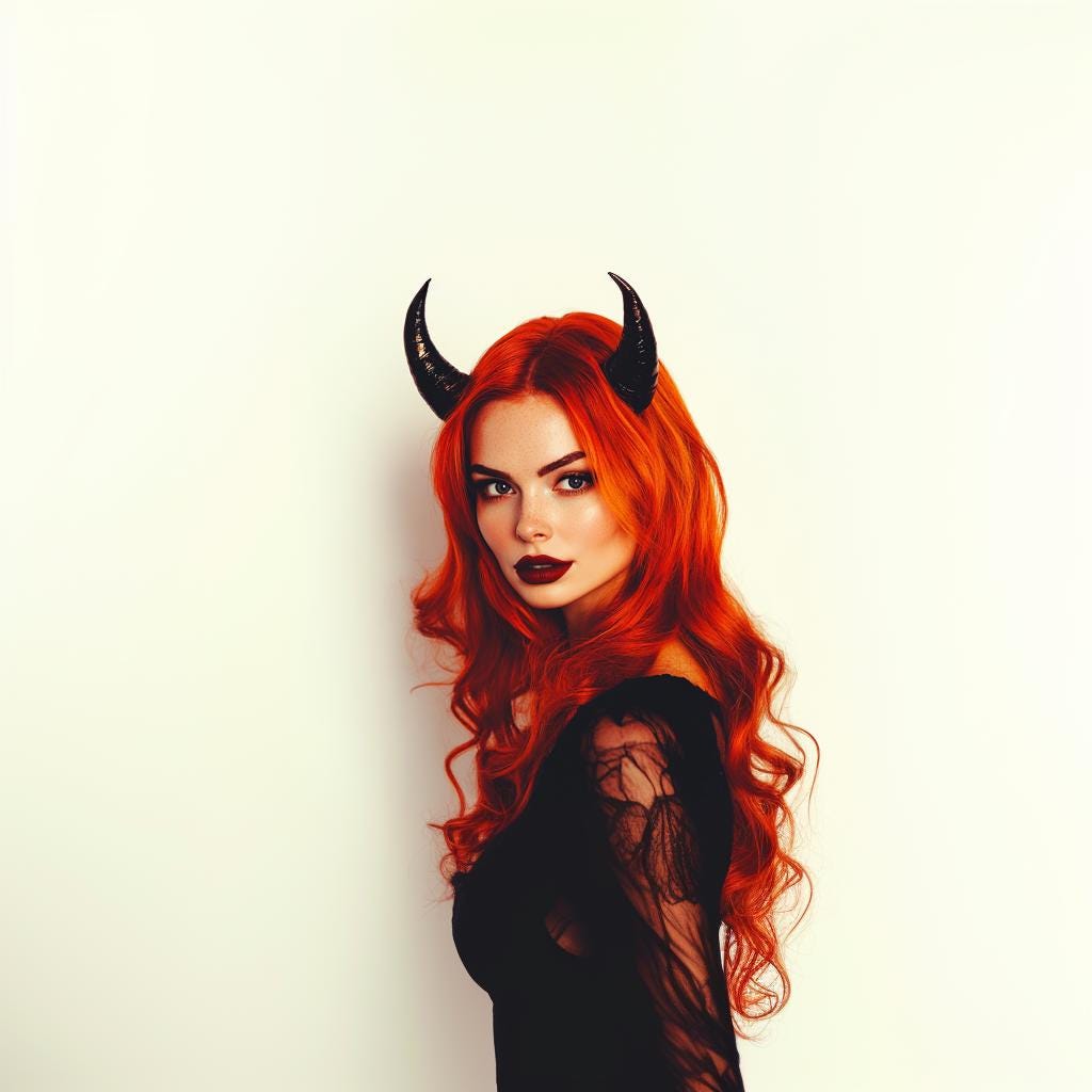 Model with black devil horns headband and red hair, showcasing a gothic aesthetic for cosplay or Halloween.