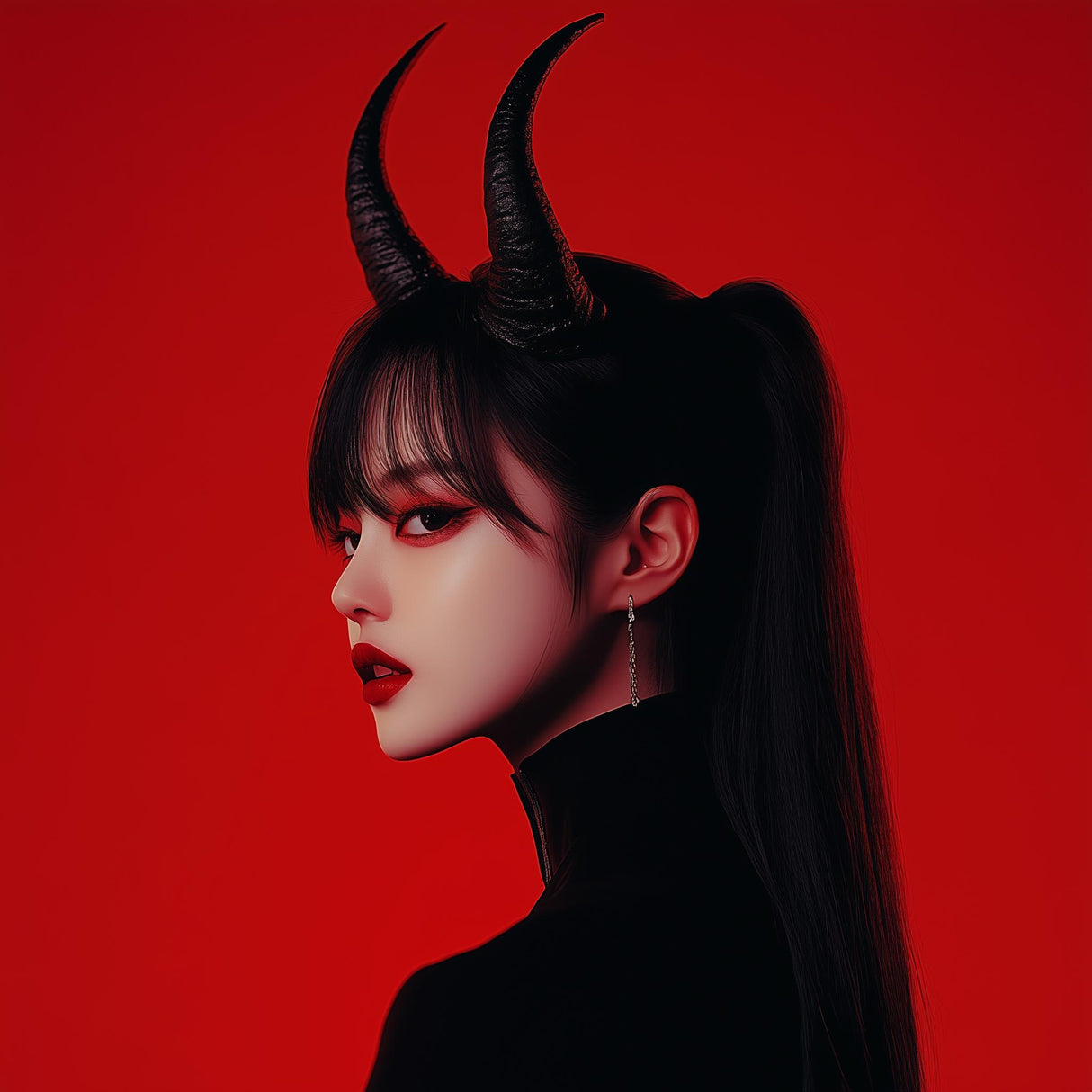 Model wearing 3D printed demon horns headpiece over a sleek black outfit with red background.