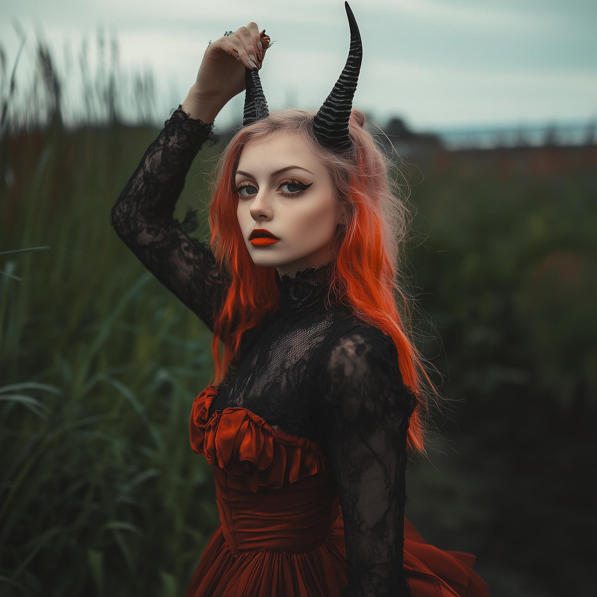 Woman wearing Gothic demon horns in a dark fantasy setting, showcasing cosplay and Halloween style.