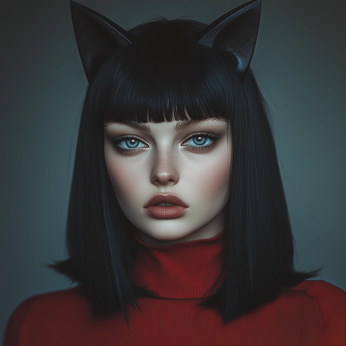 Gothic cat ears headband on a model with black hair, styled for a unique cosplay look.
