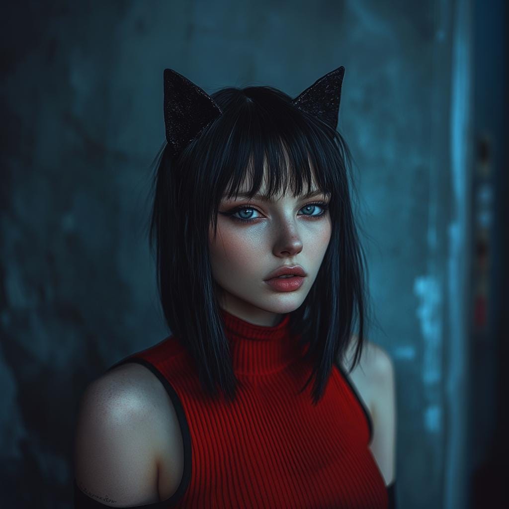 Model wearing gothic cat ear headband, showcasing 3D printed cat ears for cosplay and Halloween style.