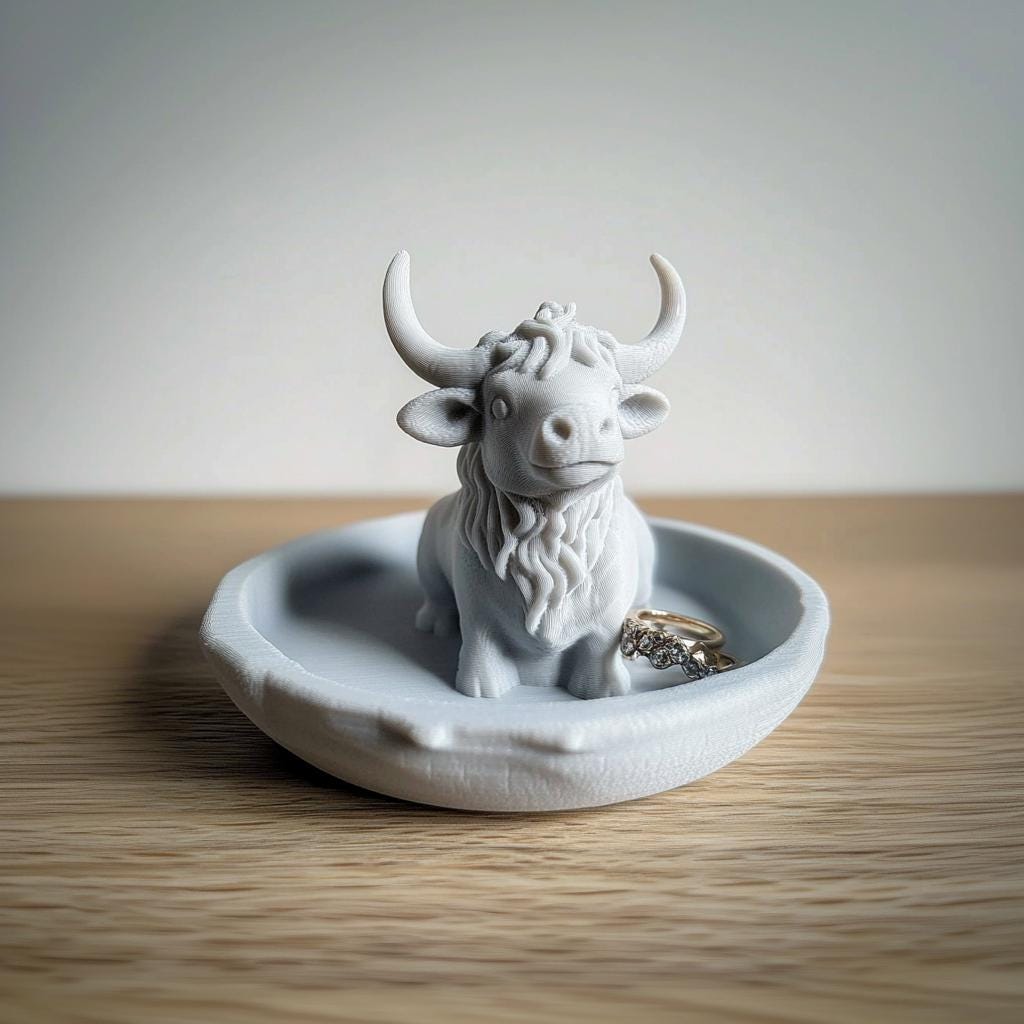 3D printed highland cow jewelry dish with ring, cozy farmhouse decor trinket holder.