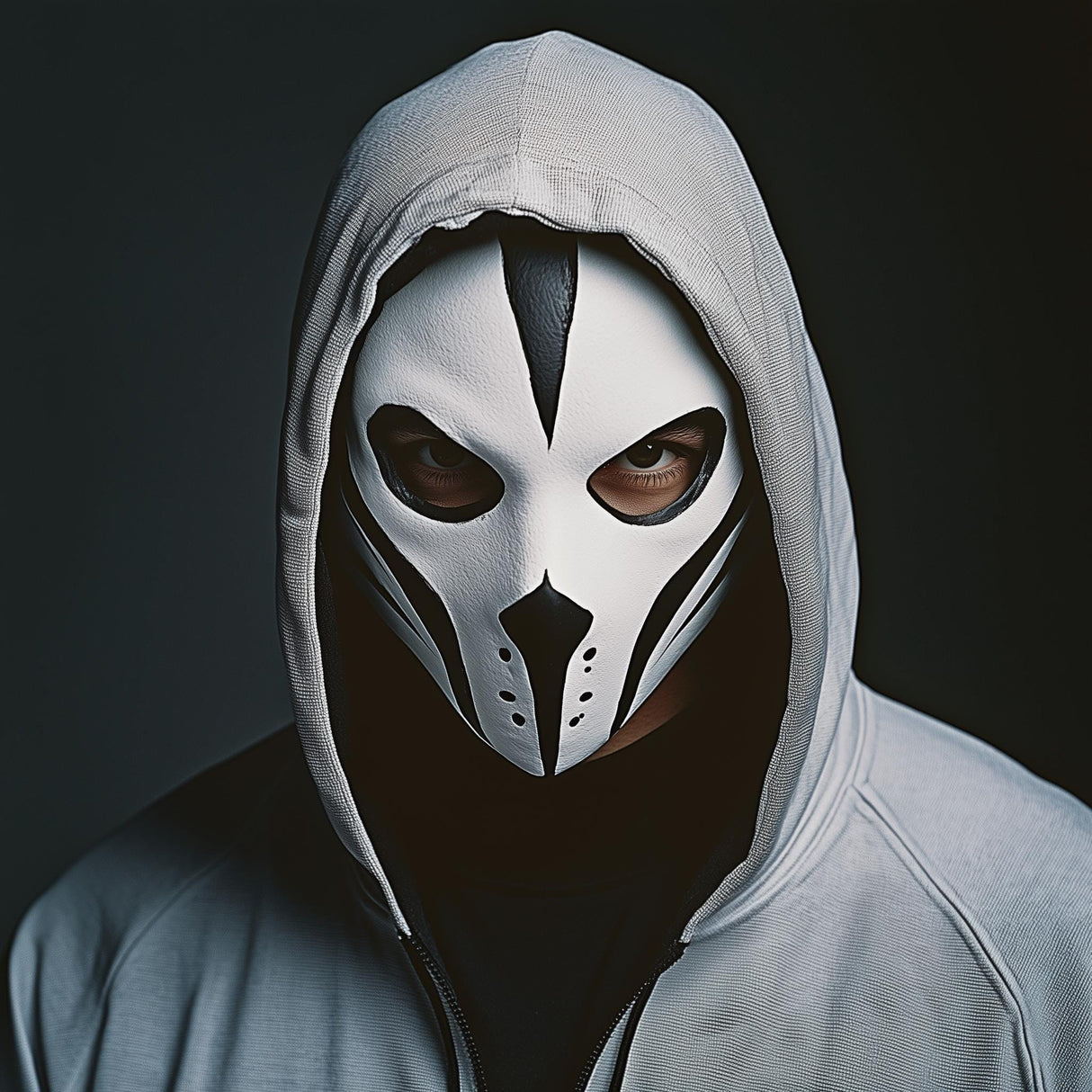 3D-printed tactical phantom mask with hood, designed for cosplay and Halloween events, featuring a menacing look.