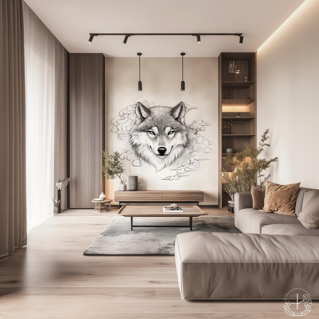 Majestic wolf wall decal in modern living room, showcasing an artistic pencil sketch effect on wall.