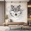 Majestic wolf wall decal with pencil sketch effect in modern living room decor.