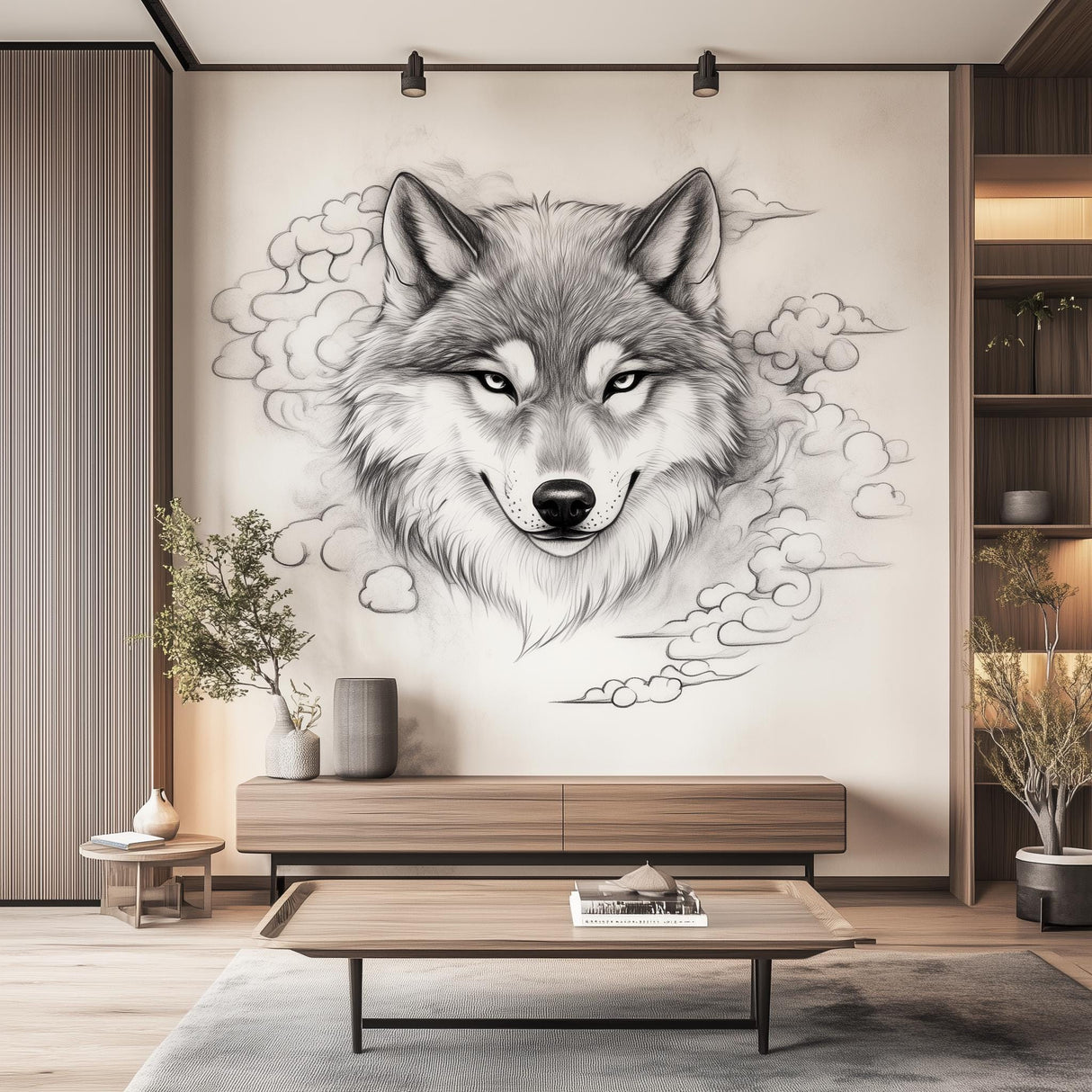 Majestic wolf wall decal with pencil sketch effect in modern living room decor.