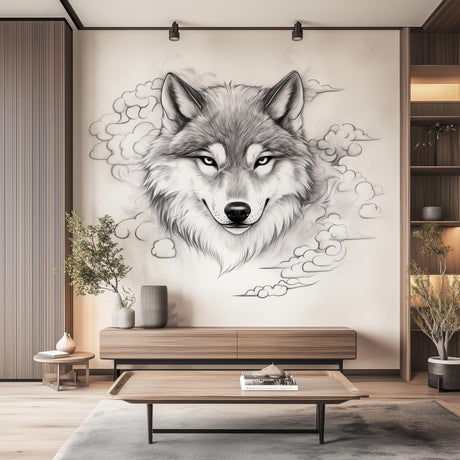 Majestic wolf wall decal with pencil sketch effect in modern living room decor.
