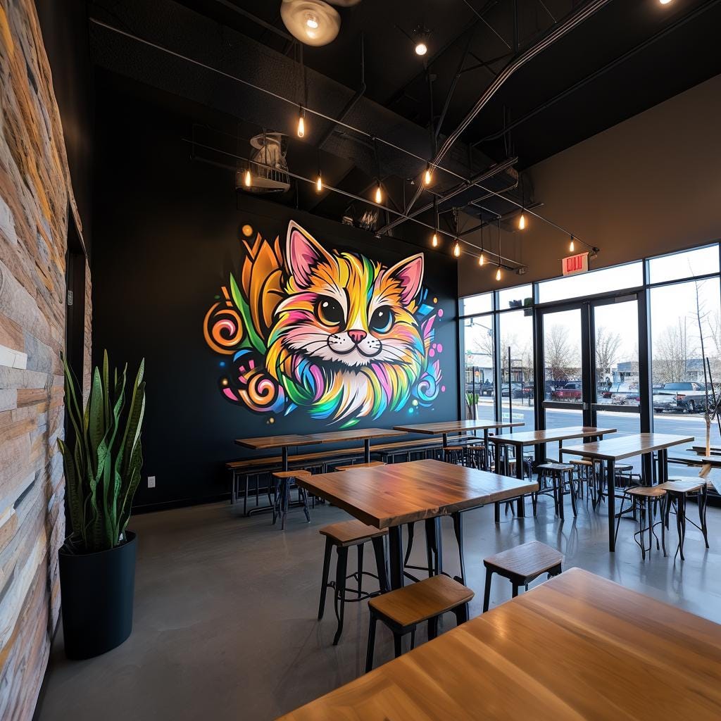Vibrant colorful cat mural on black wall in modern cafe, featuring swirling neon-style accents and lively decor.