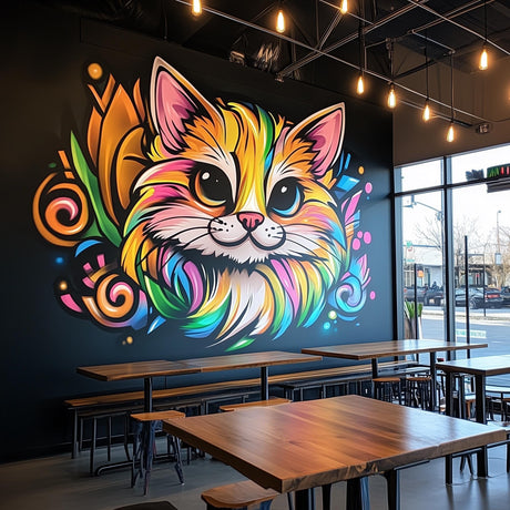 Colorful cat mural on restaurant wall with vibrant swirling patterns and expressive features, enhancing the decor.