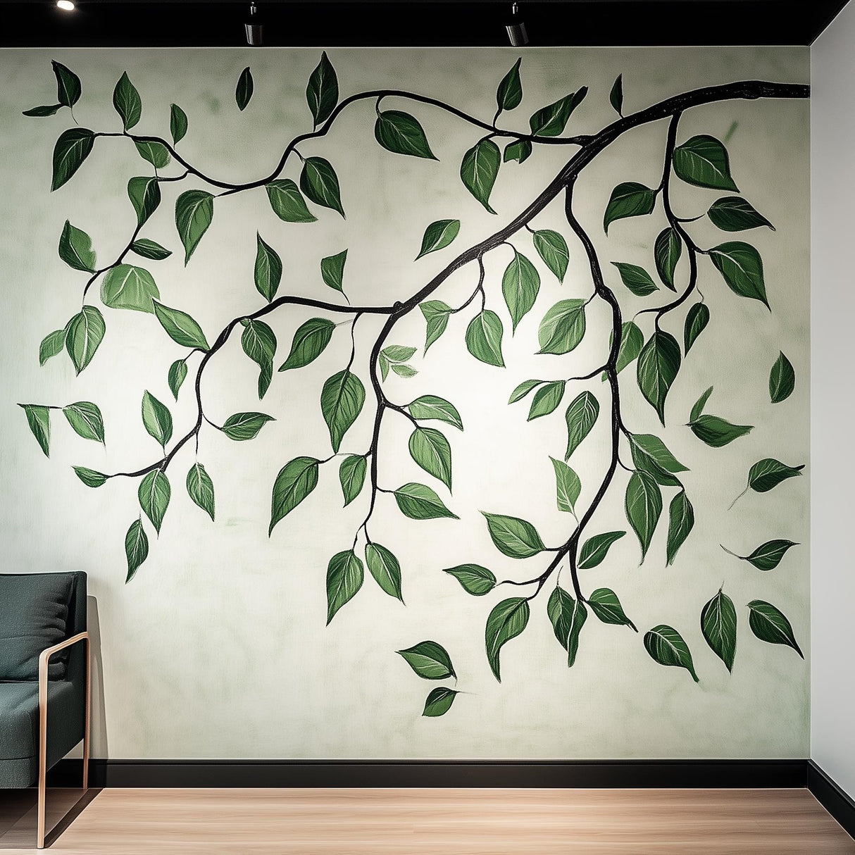 Green Leaf Wall Decal | Large Botanical Vine Mural | Nature-Inspired Vinyl Sticker | Modern Living Room & Office Decor